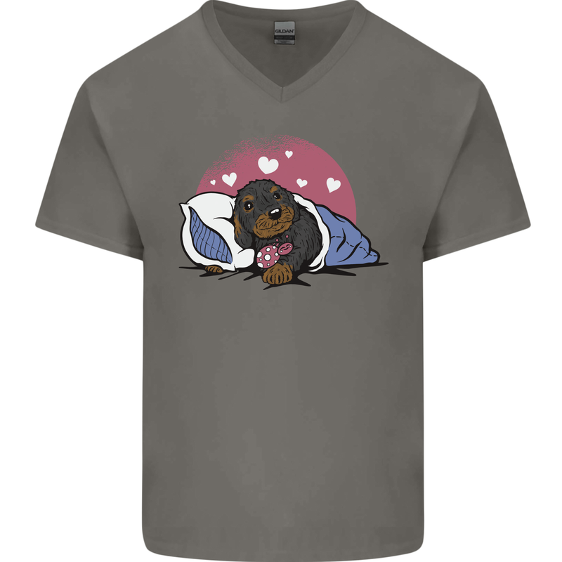 A Dachshund in Bed Dog Mens V-Neck Cotton T-Shirt Charcoal