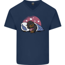 A Dachshund in Bed Dog Mens V-Neck Cotton T-Shirt Navy Blue