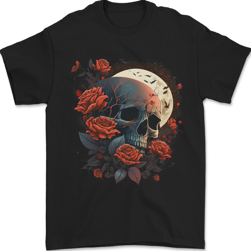 A Dark Fantasy Skull With Roses and Moon Mens T-Shirt 100% Cotton Black