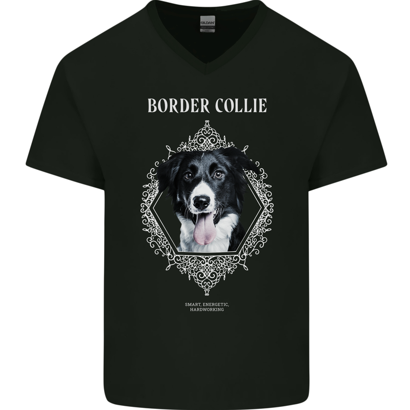 A Decorative Border Collie Mens V-Neck Cotton T-Shirt Black