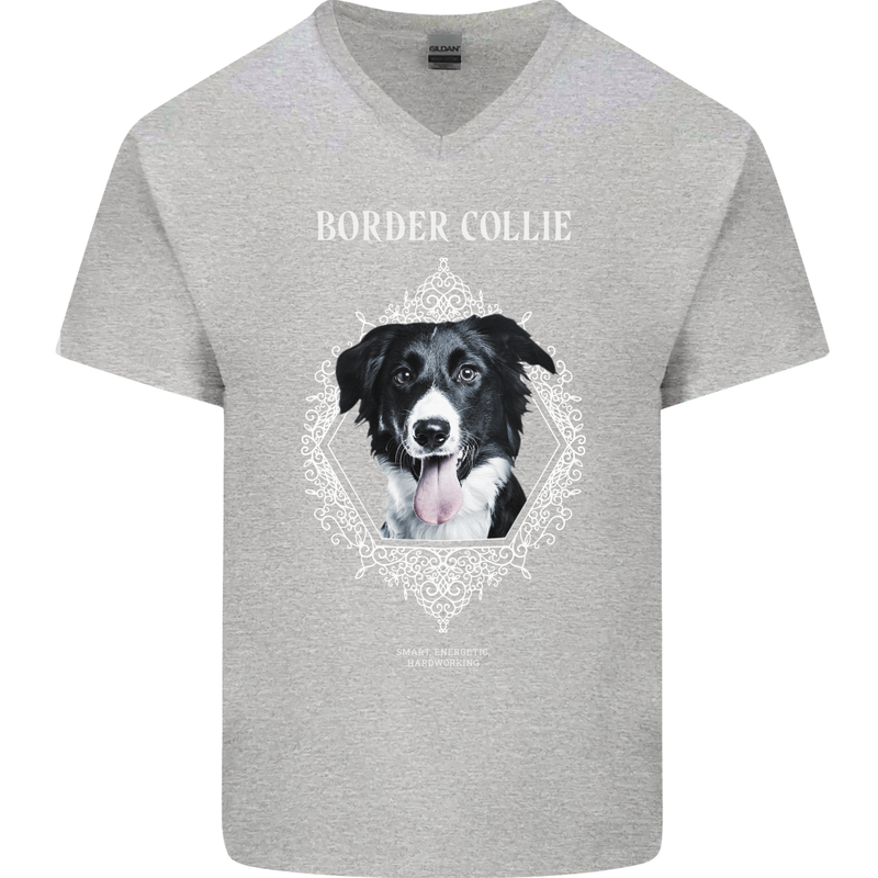 A Decorative Border Collie Mens V-Neck Cotton T-Shirt Sports Grey