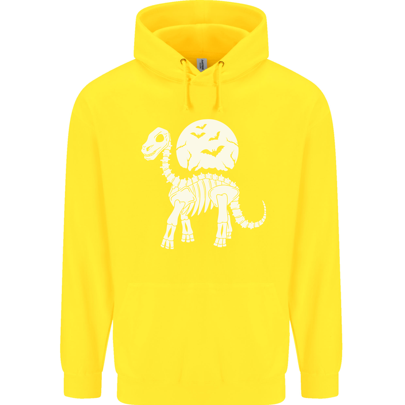 A Dinosaur Skeleton With a Full Moon Halloween Childrens Kids Hoodie Yellow