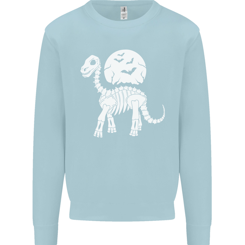 A Dinosaur Skeleton With a Full Moon Halloween Kids Sweatshirt Jumper Light Blue