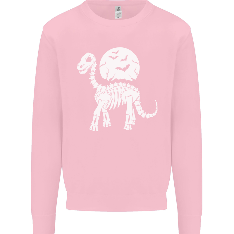 A Dinosaur Skeleton With a Full Moon Halloween Kids Sweatshirt Jumper Light Pink