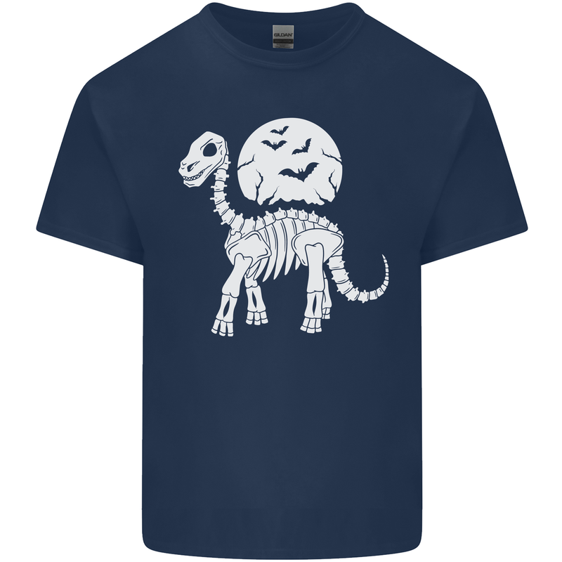 A Dinosaur Skeleton With a Full Moon Halloween Kids T-Shirt Childrens Navy Blue