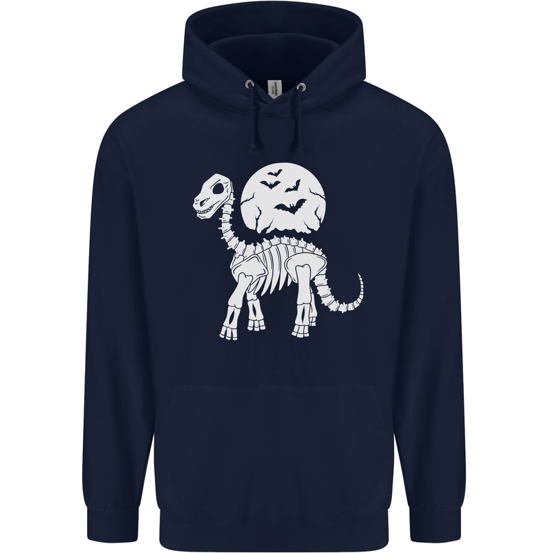 A Dinosaur Skeleton With a Full Moon Halloween Mens 80% Cotton Hoodie Navy Blue