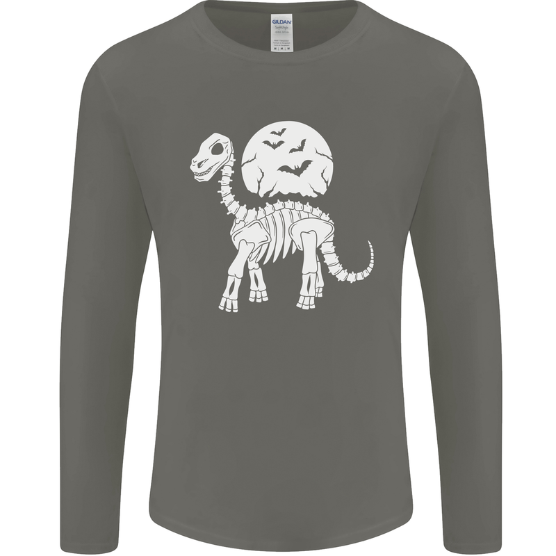 A Dinosaur Skeleton With a Full Moon Halloween Mens Long Sleeve T-Shirt Charcoal