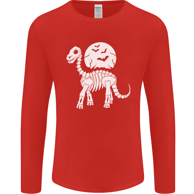 A Dinosaur Skeleton With a Full Moon Halloween Mens Long Sleeve T-Shirt Red