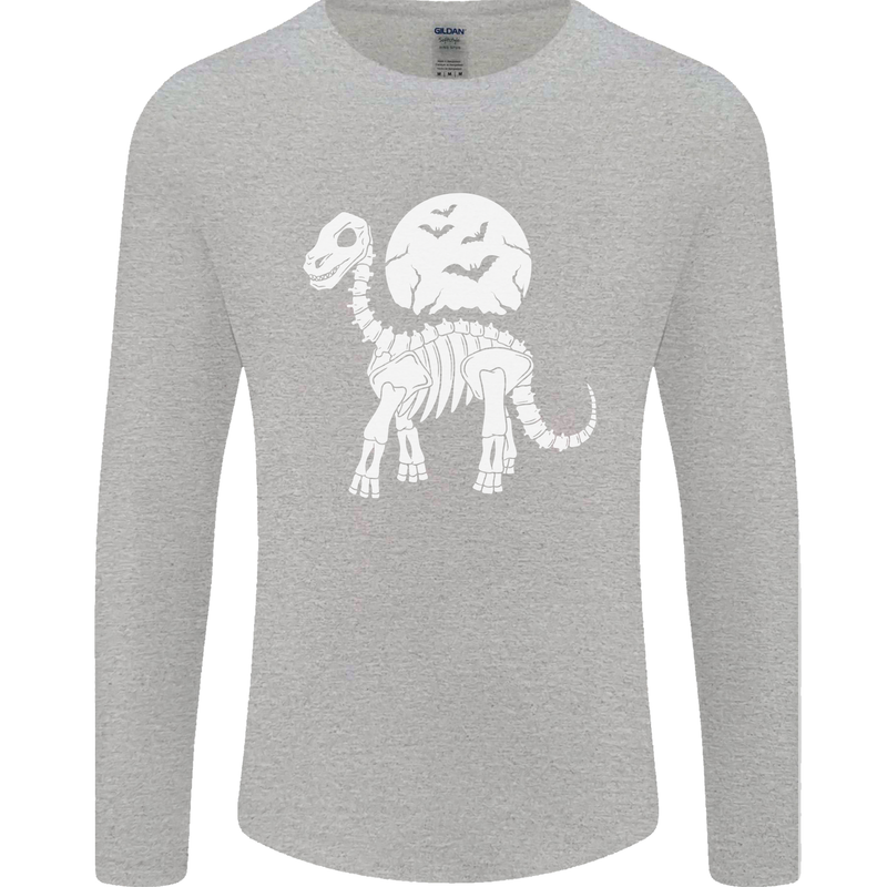 A Dinosaur Skeleton With a Full Moon Halloween Mens Long Sleeve T-Shirt Sports Grey