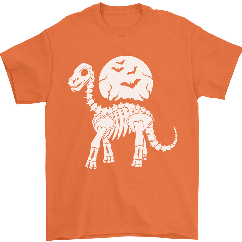 A Dinosaur Skeleton With a Full Moon Halloween Mens T-Shirt 100% Cotton Orange