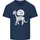 A Dinosaur Skeleton With a Full Moon Halloween Mens V-Neck Cotton T-Shirt Navy Blue