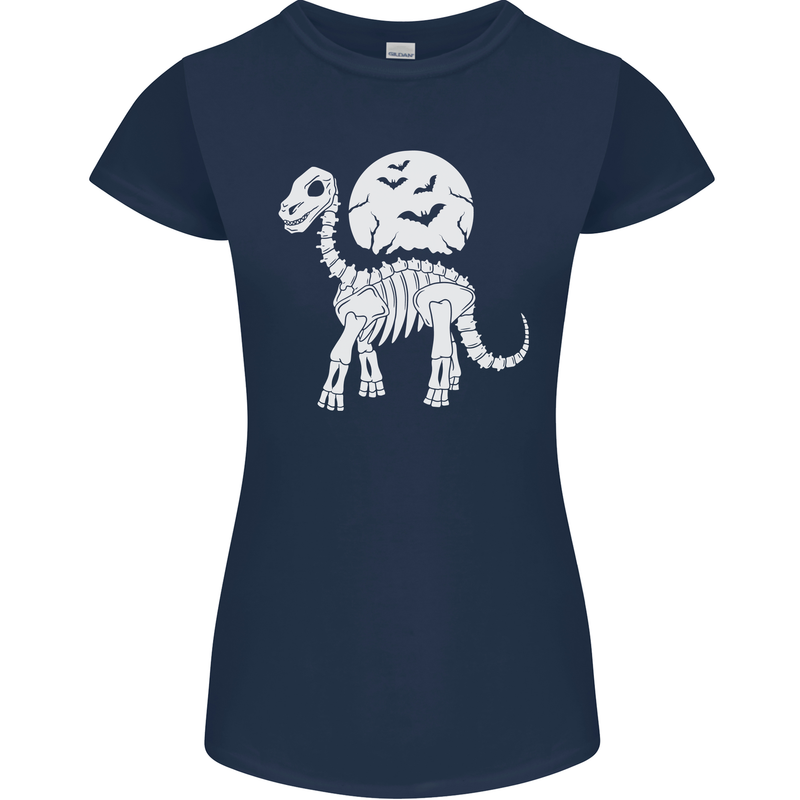 A Dinosaur Skeleton With a Full Moon Halloween Womens Petite Cut T-Shirt Navy Blue