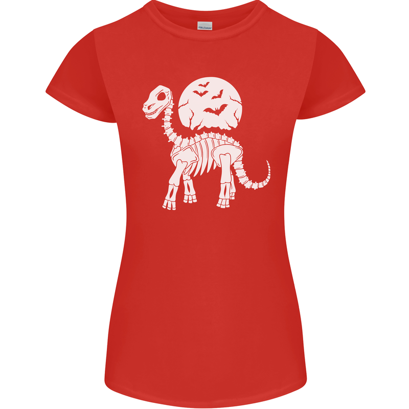 A Dinosaur Skeleton With a Full Moon Halloween Womens Petite Cut T-Shirt Red