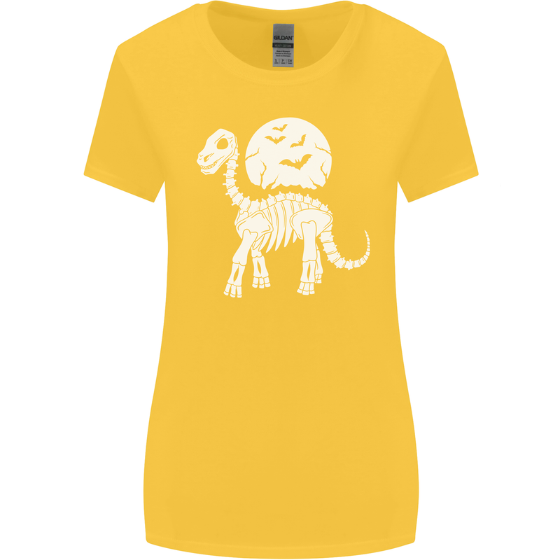 A Dinosaur Skeleton With a Full Moon Halloween Womens Wider Cut T-Shirt Yellow