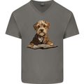 A Dog Reading a Book Mens V-Neck Cotton T-Shirt Charcoal