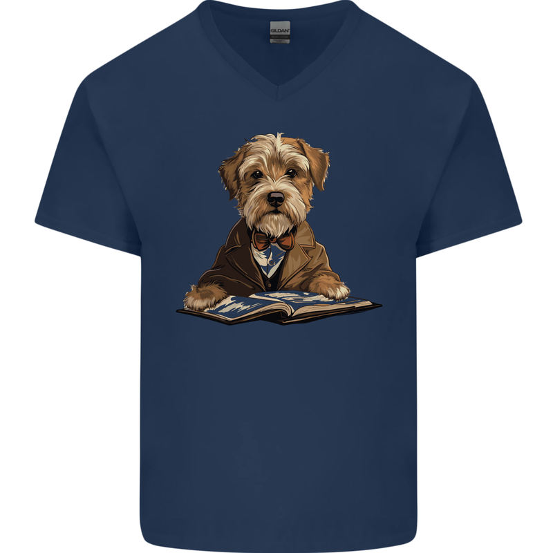 A Dog Reading a Book Mens V-Neck Cotton T-Shirt Navy Blue