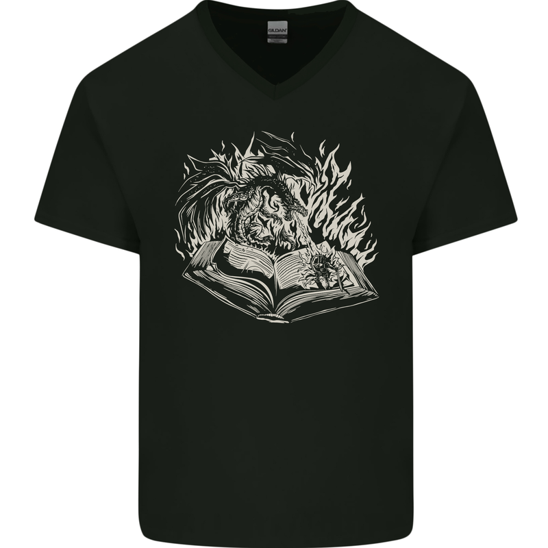 A Dragon & Book Mens V-Neck Cotton T-Shirt Black