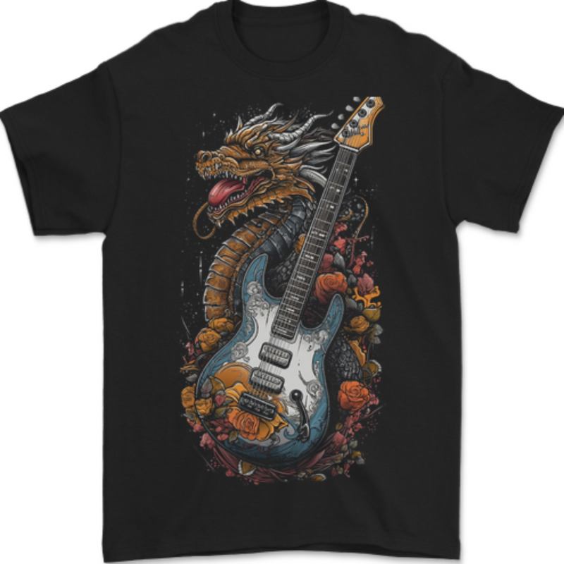 A Dragon and Guitar Rock Music Fantasy Mens T-Shirt 100% Cotton BLACK
