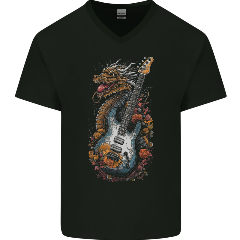 A Dragon and Guitar Rock Music Fantasy Mens V-Neck Cotton T-Shirt Black