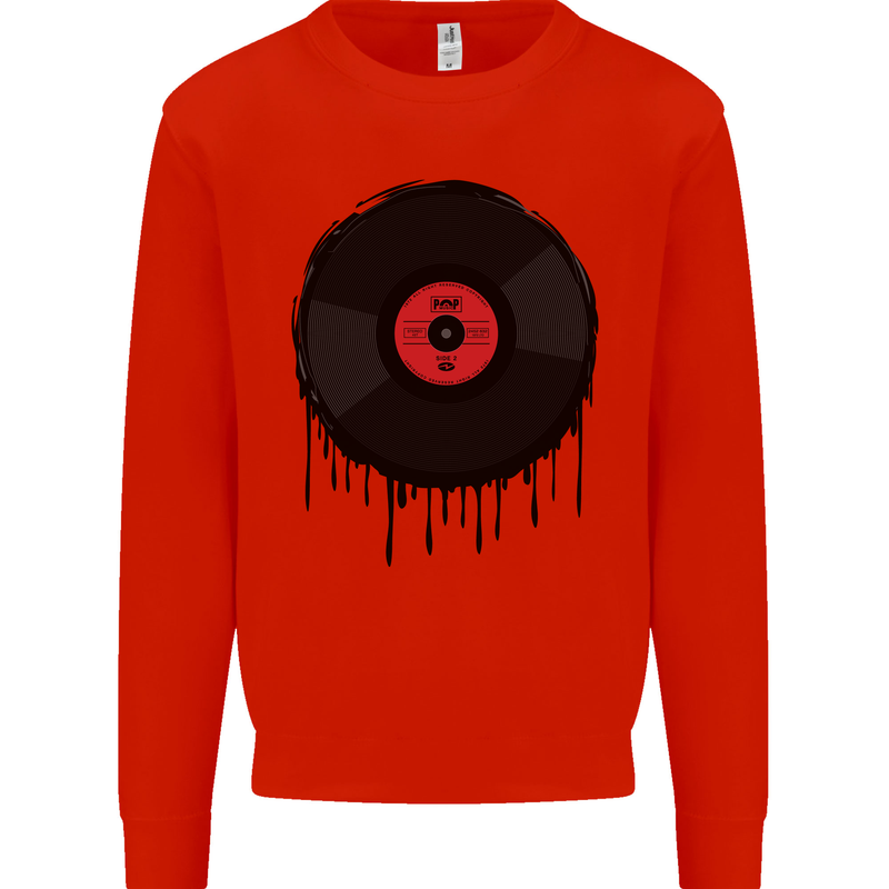 A Dripping Vinyl Record Turntable Decks DJ Kids Sweatshirt Jumper Bright Red