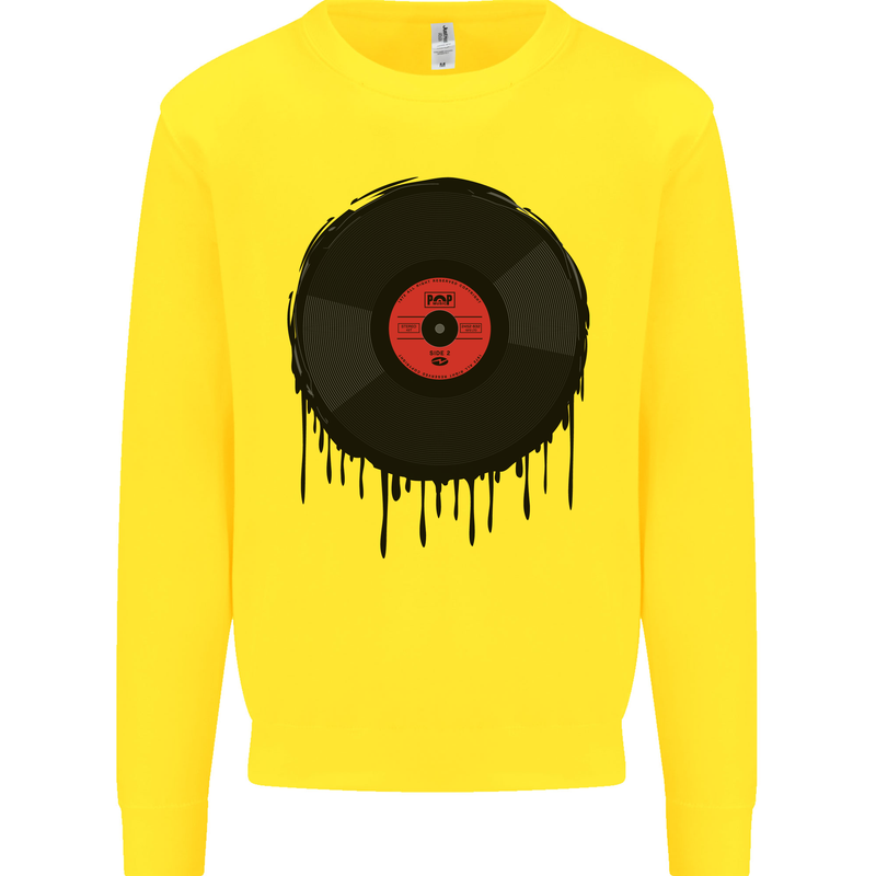 A Dripping Vinyl Record Turntable Decks DJ Kids Sweatshirt Jumper Yellow