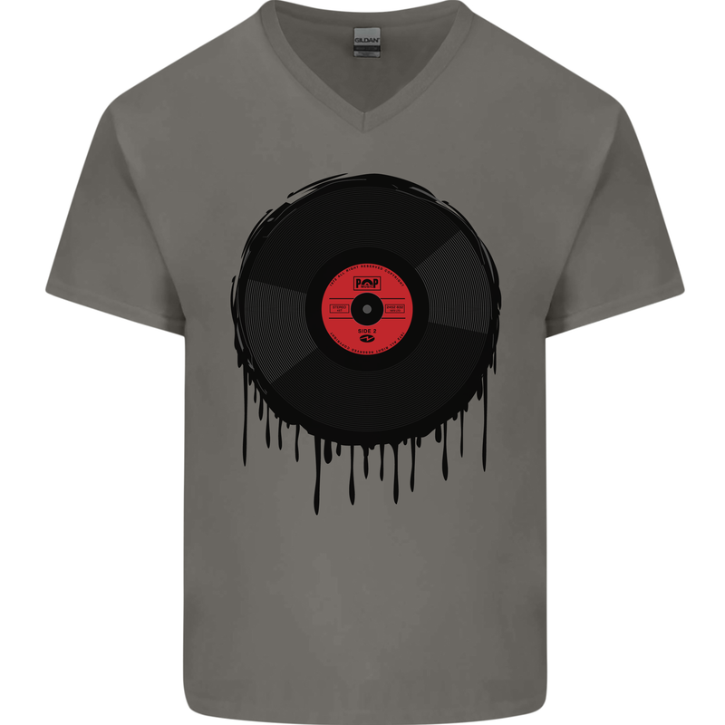 A Dripping Vinyl Record Turntable Decks DJ Mens V-Neck Cotton T-Shirt Charcoal