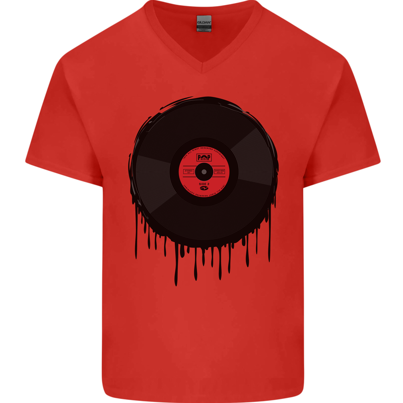 A Dripping Vinyl Record Turntable Decks DJ Mens V-Neck Cotton T-Shirt Red