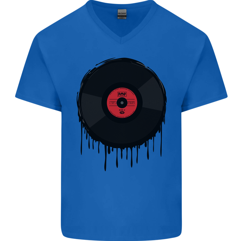 A Dripping Vinyl Record Turntable Decks DJ Mens V-Neck Cotton T-Shirt Royal Blue
