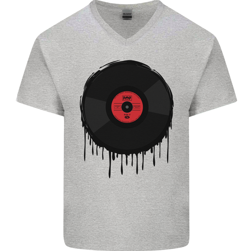 A Dripping Vinyl Record Turntable Decks DJ Mens V-Neck Cotton T-Shirt Sports Grey