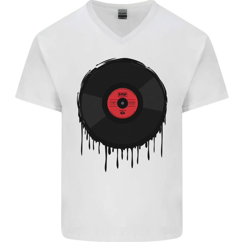 A Dripping Vinyl Record Turntable Decks DJ Mens V-Neck Cotton T-Shirt White