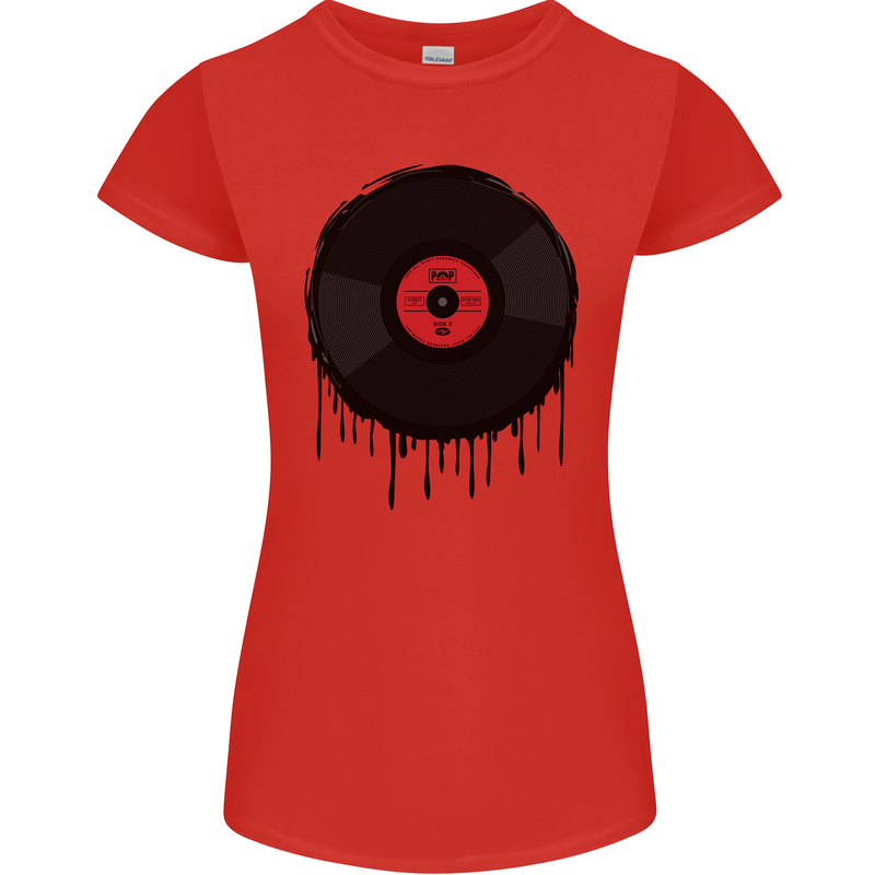 A Dripping Vinyl Record Turntable Decks DJ Womens Petite Cut T-Shirt Red