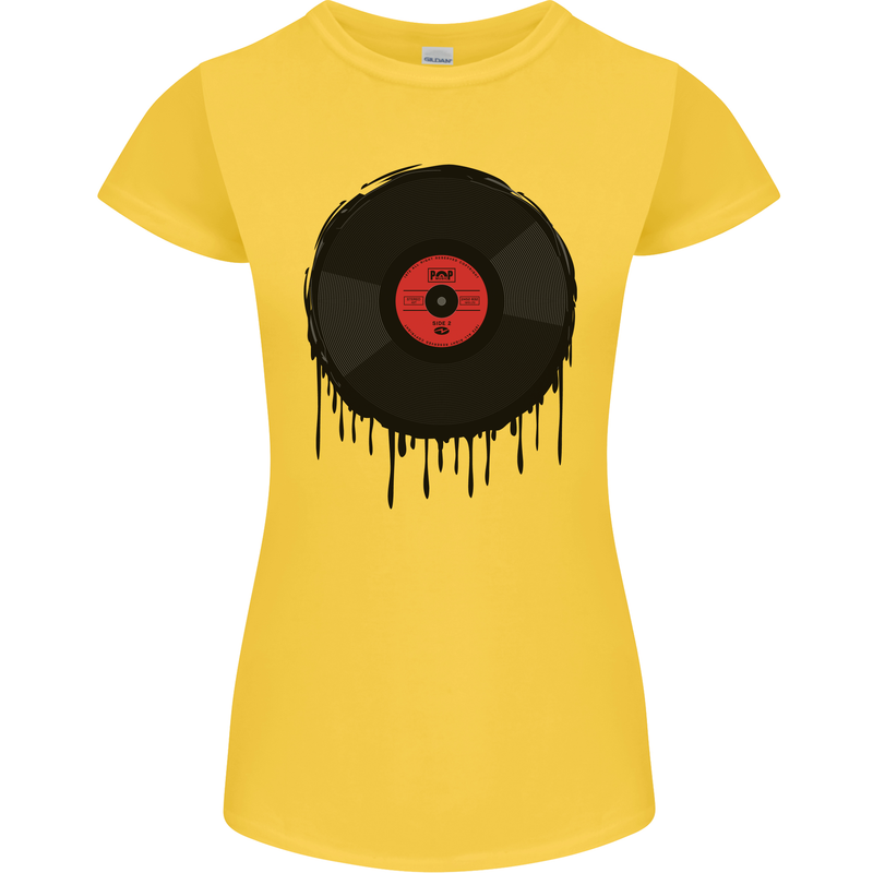 A Dripping Vinyl Record Turntable Decks DJ Womens Petite Cut T-Shirt Yellow