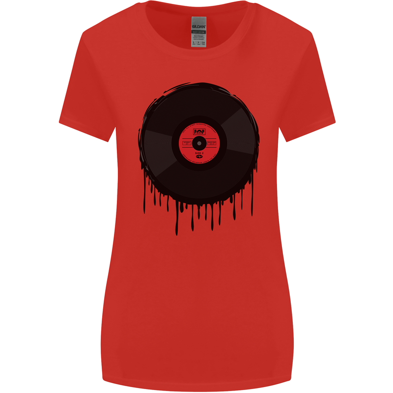 A Dripping Vinyl Record Turntable Decks DJ Womens Wider Cut T-Shirt Red