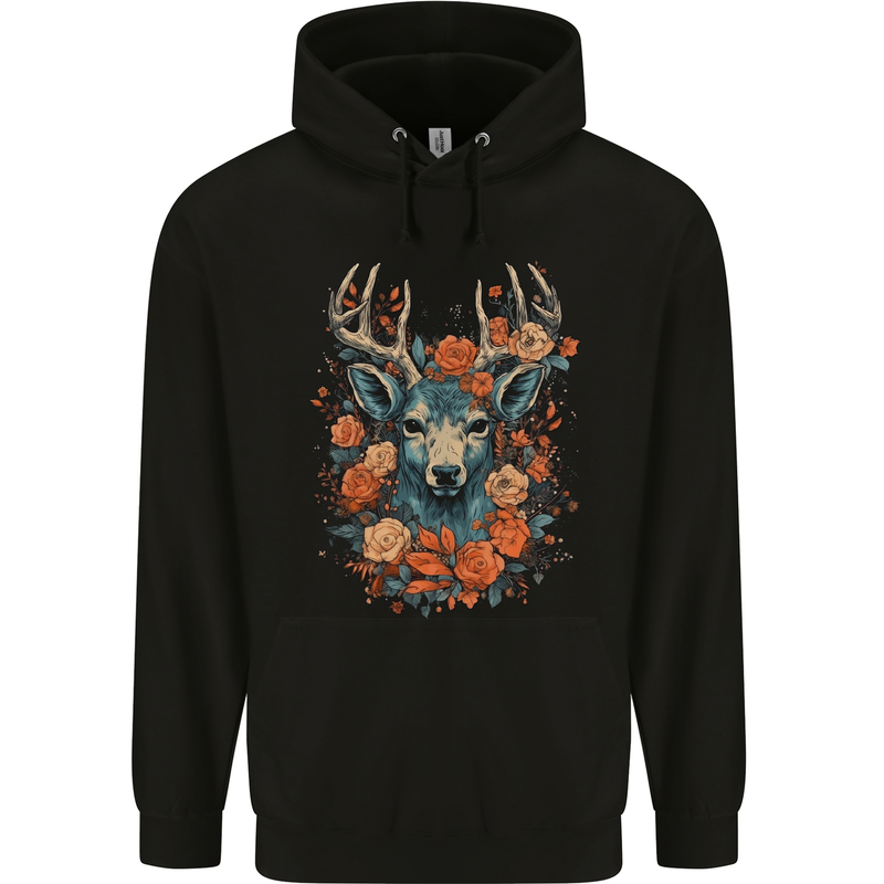 A Fantasy Deer With Flowers Mens 80% Cotton Hoodie Black