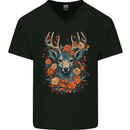 A Fantasy Deer With Flowers Mens V-Neck Cotton T-Shirt Black