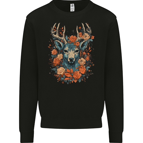 A Fantasy Deer With Flowers Mens Womens Kids Unisex Black Mens Sweatshirt