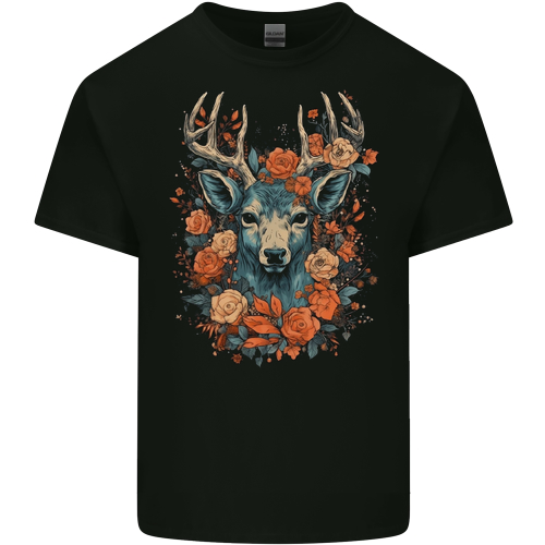 A Fantasy Deer With Flowers Mens Womens Kids Unisex Black Mens T-Shirt