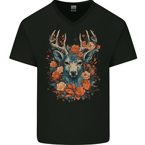 A Fantasy Deer With Flowers Mens Womens Kids Unisex Black Mens V-Neck T-Shirt
