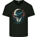 A Fantasy Whale & Moon Alien Mystic Mens V-Neck Cotton T-Shirt Black