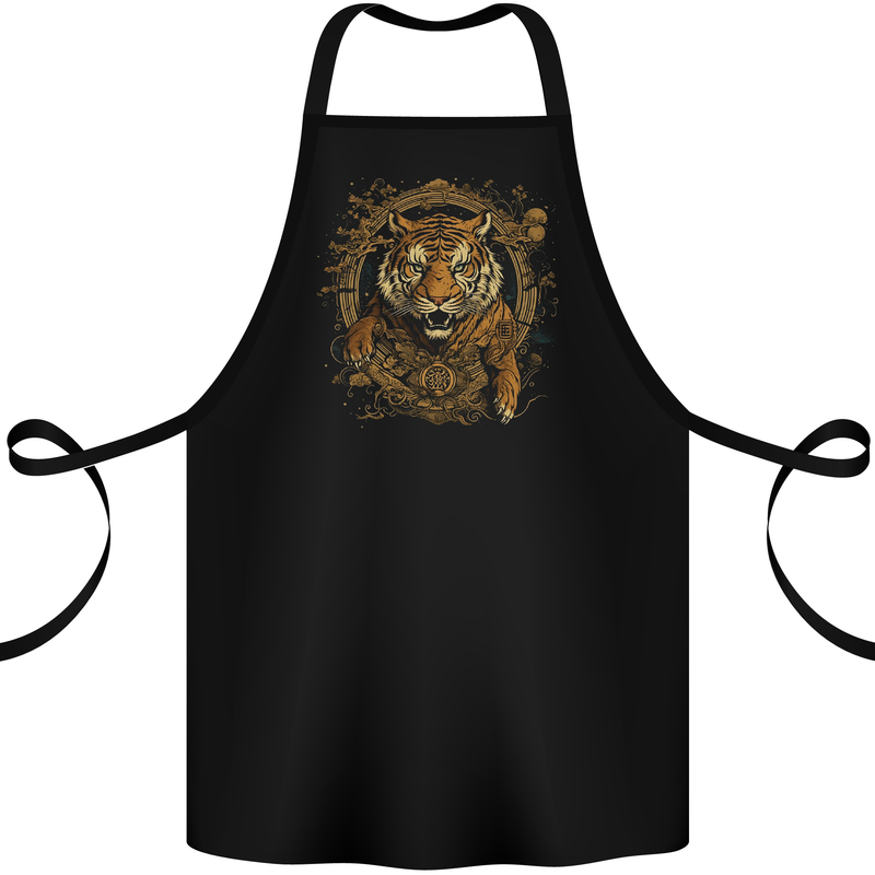 A Ferocious Tiger With a Japanese Background Cotton Apron 100% Organic Black
