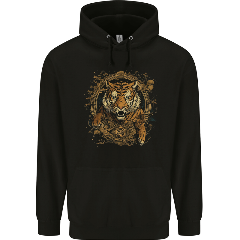 A Ferocious Tiger With a Japanese Background Mens 80% Cotton Hoodie Black