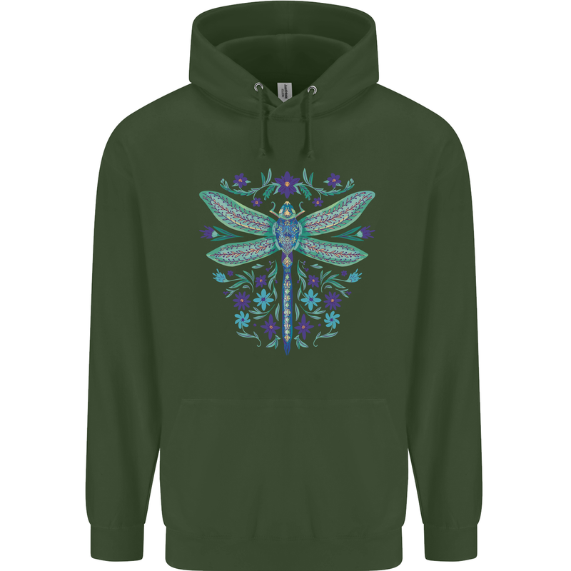 A Floral Dragonfly Mens 80% Cotton Hoodie Forest Green