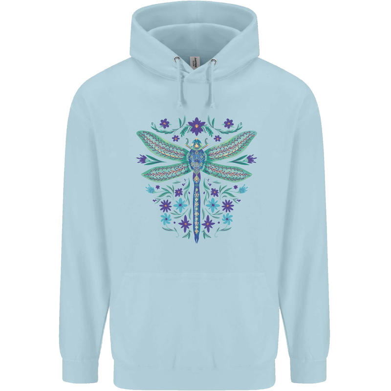 A Floral Dragonfly Mens 80% Cotton Hoodie Light Blue