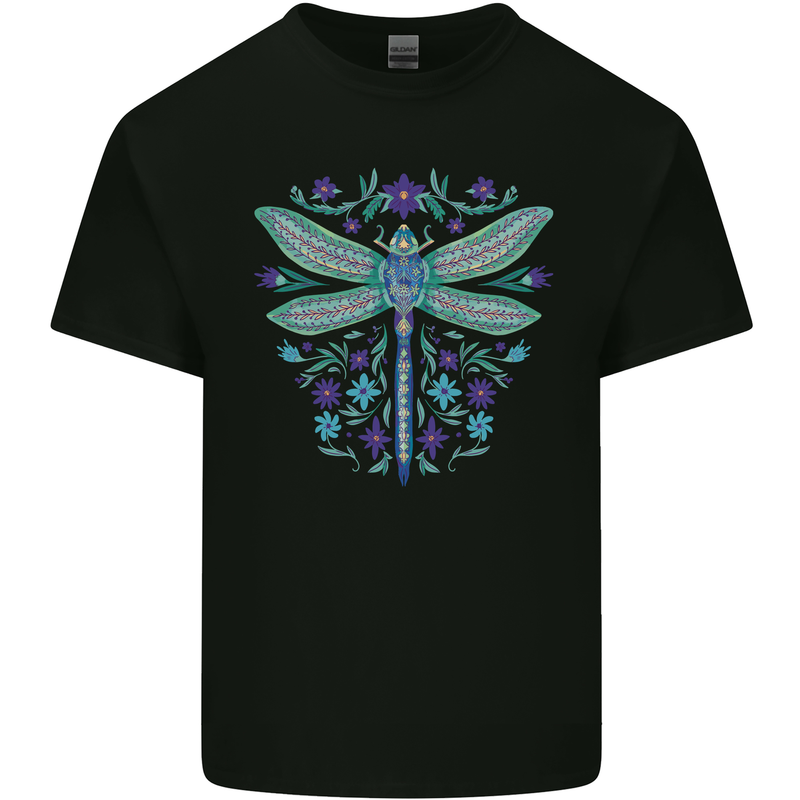 A Floral Dragonfly Mens Cotton T-Shirt Tee Top Black