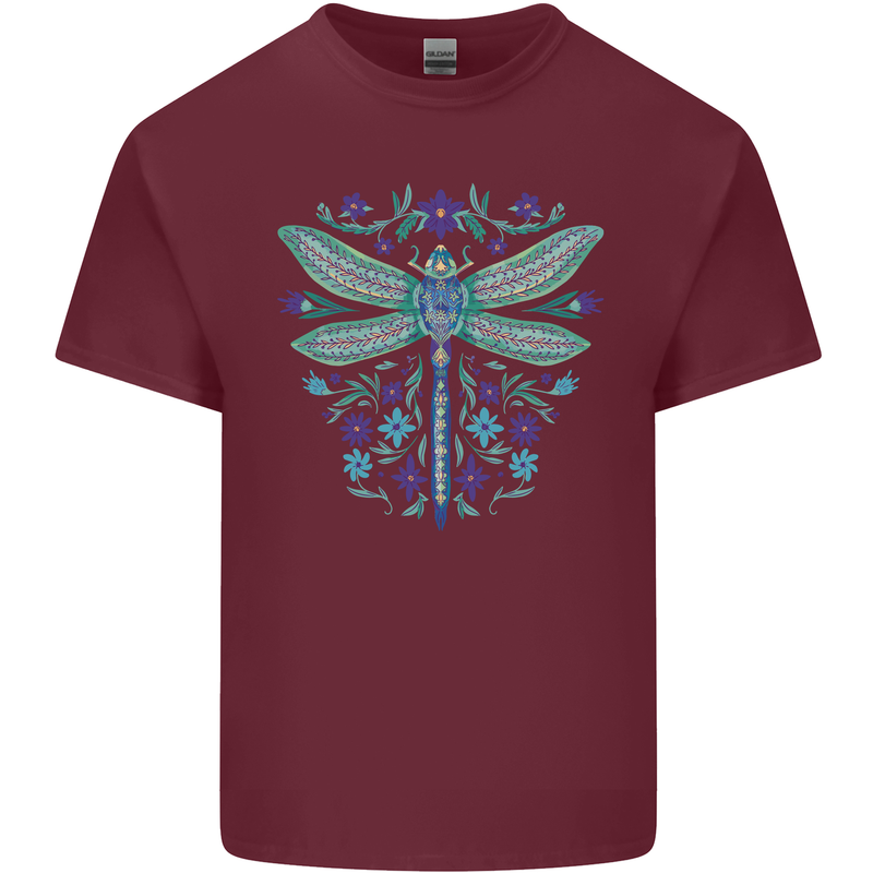 A Floral Dragonfly Mens Cotton T-Shirt Tee Top Maroon
