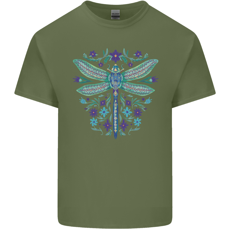 A Floral Dragonfly Mens Cotton T-Shirt Tee Top Military Green