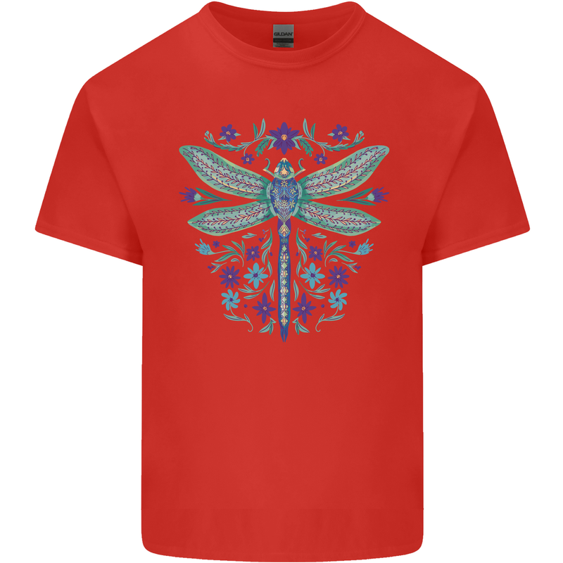 A Floral Dragonfly Mens Cotton T-Shirt Tee Top Red