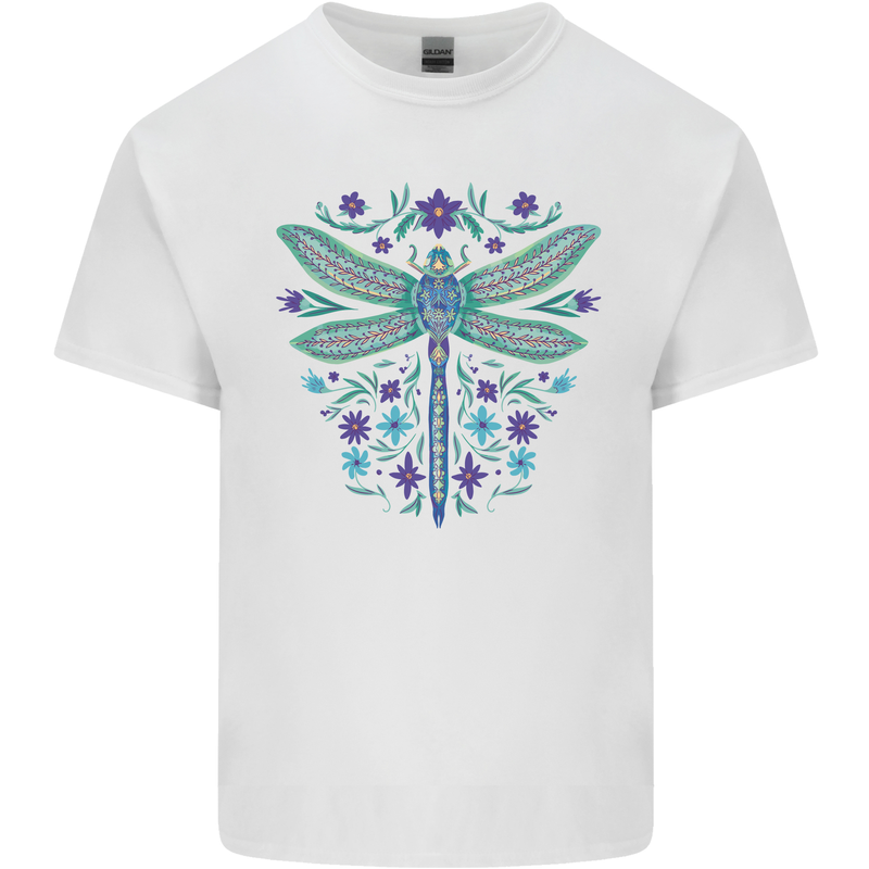 A Floral Dragonfly Mens Cotton T-Shirt Tee Top White