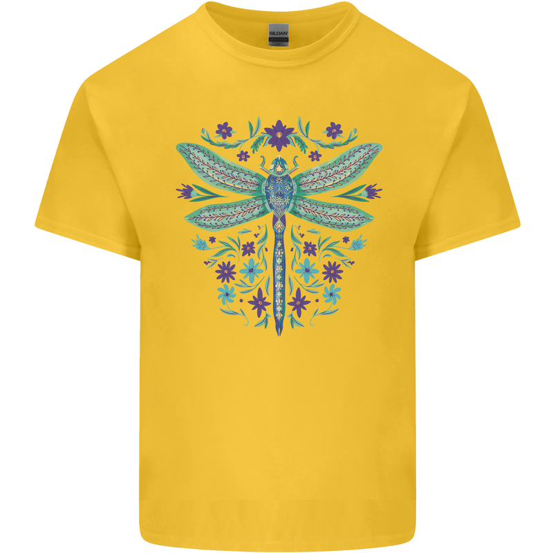 A Floral Dragonfly Mens Cotton T-Shirt Tee Top Yellow