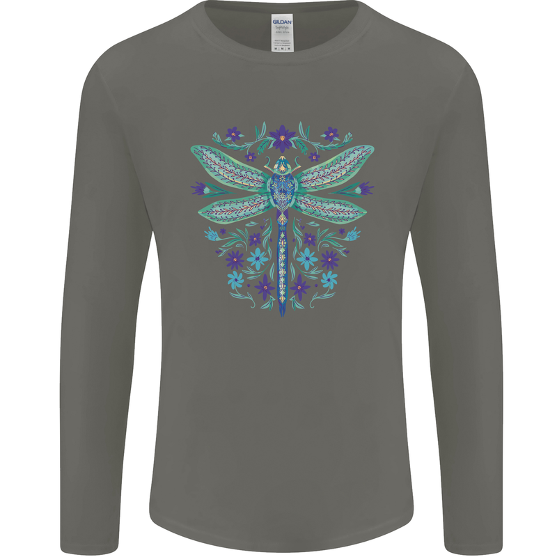 A Floral Dragonfly Mens Long Sleeve T-Shirt Charcoal